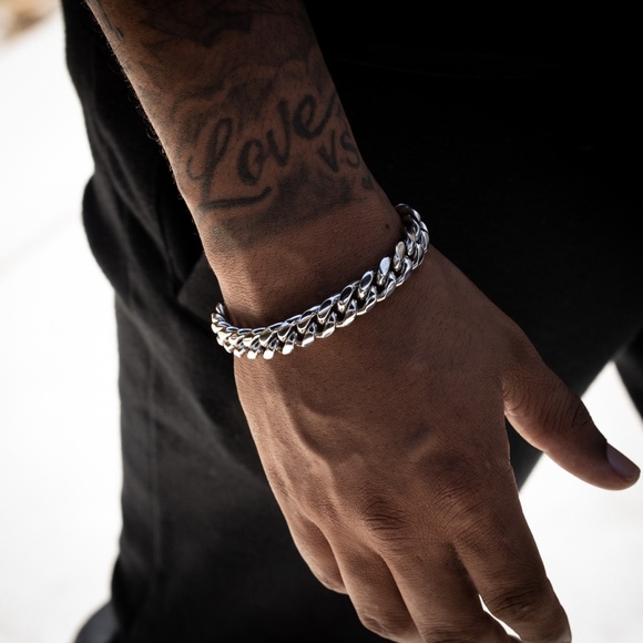 Mens Solid White Gold Plated 316 Stainless Steel Thick Heavy Cuban Link Bracelet - Picture 2 of 4